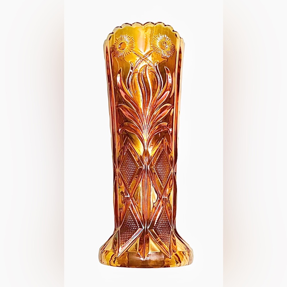 Antique Brockwitz Sunflower & Diamond Marigold Carnival Glass Vase